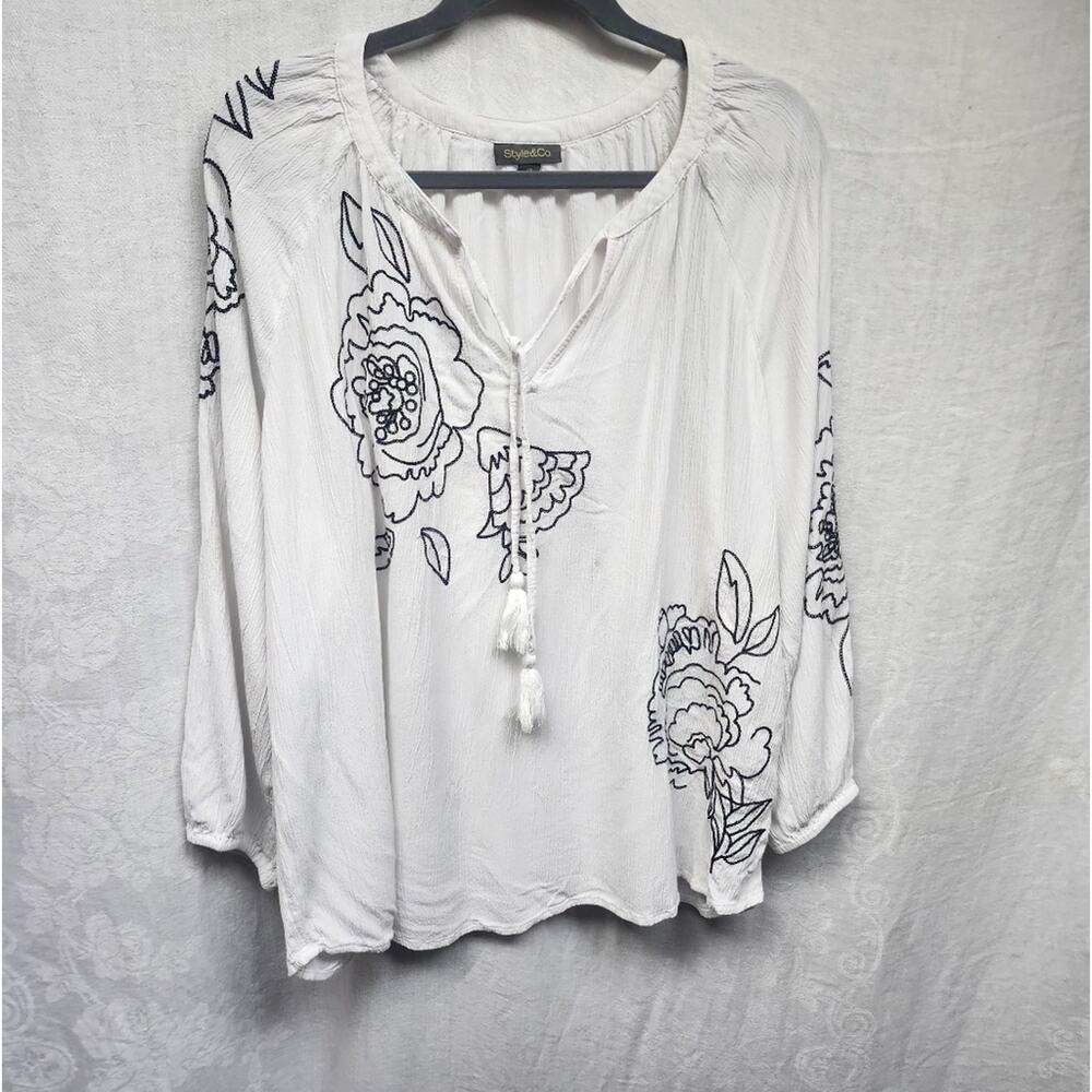 Style & Co Plus Sz 2X White Gauzy Embroidered Peasant Blouse BOHO